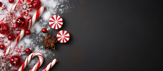 Aufkleber - A festive background with candy canes a snowflake and a red necklace It represents the Christmas and New Year holiday providing a blank space for greetings. Creative banner. Copyspace image