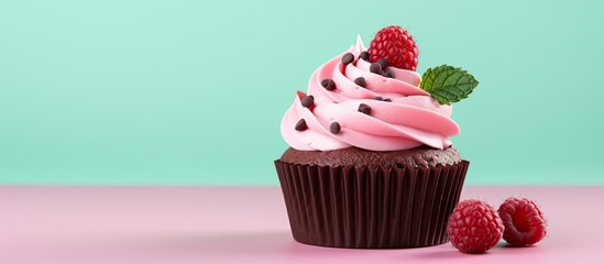 Sticker - A cupcake decorated with raspberry and mint toppings adorned with frosting on a pink background with copy space image