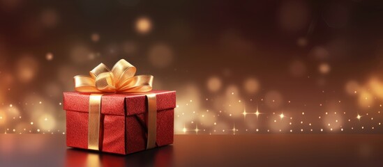 Poster - A festive Christmas backdrop featuring a red gift box adorned with a golden bow set against a backdrop of softly blurred Christmas lights Ample space for a custom image