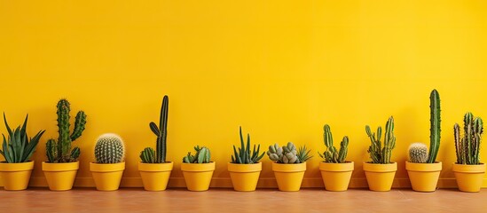 Poster - A yellow wall is adorned with large potted cacti. Creative banner. Copyspace image