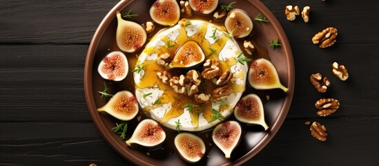 Aufkleber - Top view of a ceramic plate containing a delicious gourmet appetizer made of baked figs goat cheese walnuts and honey The plate is placed on a brown concrete background creating a visually appealing