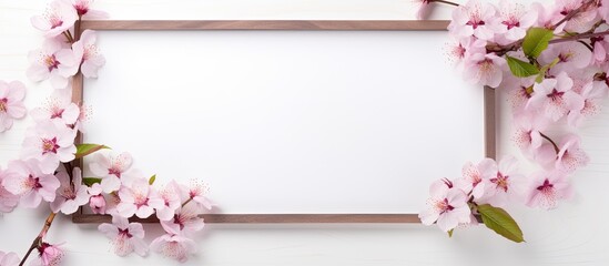 Sticker - A flat top view of a box isolated on a white background showcasing a beautiful frame consisting of pink and white almond blossoms with spring blooming branches The image offers ample copy space