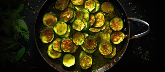Aufkleber - A copy space image of young sliced courgettes frying in a pan on a dark background with zucchini in the background seen from a top view