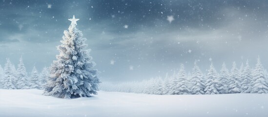 Poster - A serene winter scene of a Christmas tree decorated with snow covered fir branches creating a frosty wonderland The background features gentle snowflakes adding to the calm ambiance of the upcoming N