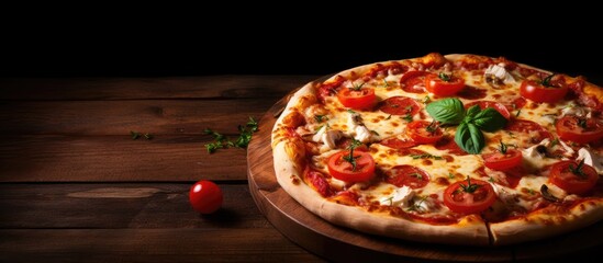 Aufkleber - A copy space image featuring a delicious pizza on a rustic wooden table topped with fresh tomato and gooey cheese