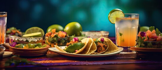 Poster - Blurred background featuring Mexican food tacos tequila shots limes for drinking and ingredients Blur added for enhanced effect Copy space image