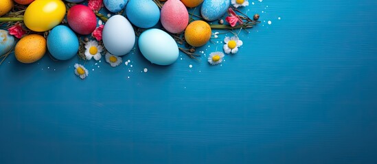 Aufkleber - A vibrant Easter themed background with a collection of multi colored eggs arranged on a blue table A banner is included offering copy space for text The image is taken from a top down perspective