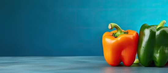Poster - A colorful sweet pepper and paprika lie on a vibrant green table with a blue background providing a perfect copy space image
