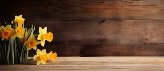 Poster - A copy space image of winter daffodils displayed on a rustic wooden table