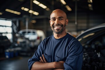 Smiling master in the factory shop among machines and repair equipment. A man mechanic specialist on the background of the workshop, garage.