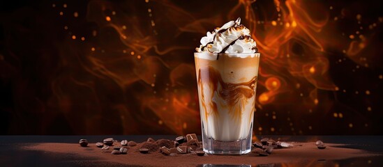 Leinwandbilder - A milk chocolate cocktail or whipped coffee with milk and ice adorned with cocoa powder on a contrasting background with ample space for text or other images