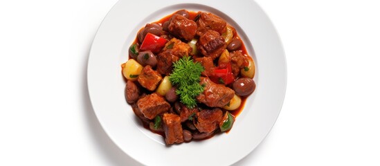 Aufkleber - A top view photo of a plate with meat stew goulash and a white background There is empty space available for text or other images. Creative banner. Copyspace image