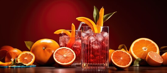 Aufkleber - A panoramic view of Negroni cocktails featuring blood oranges with a designated space available for text or logo placement. Creative banner. Copyspace image