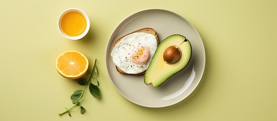 Poster - A healthy breakfast featuring avocado egg and toast is presented on a yellow background The top down view allows for a copy space image