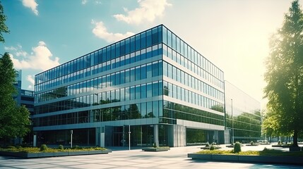 Wall Mural - Exterior of a large glazed modern office building, business center on a bright sunny day. A deserted city street is reflected in the windows.