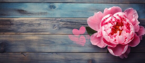 Poster - Top view of an old grunge painted board with a pink peony and a heart carved in wood creating a stylish copy space image