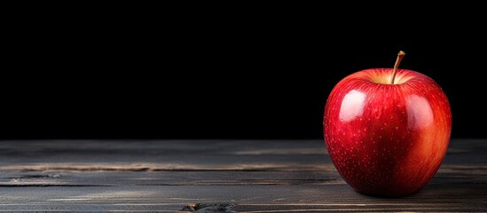 Poster - A vibrant red apple resting on a black wooden table with plenty of copy space in the image