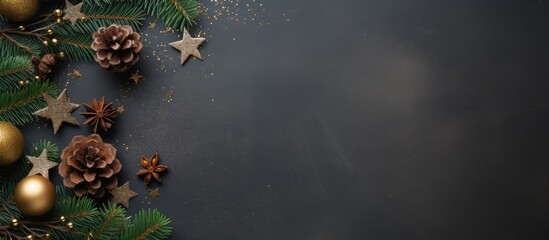 Poster - Top view of a blank greeting card for happy holidays or Merry Christmas and New Year featuring a winter composition of pine trees stars and festive decorations This image provides ample copy space
