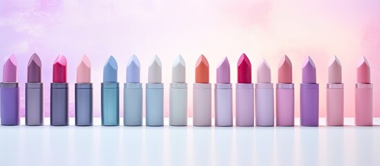 Poster - Copy space image featuring an arrangement of adorable pastel lipsticks on a white backdrop