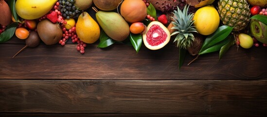 Poster - A selection of freshly picked tropical fruits including mango tamarind avocado and rambutan displayed on a rustic wooden background The top view allows for copy space to be available