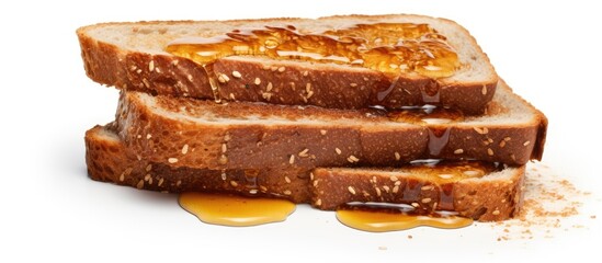 Poster - Isolated on a white background a close up top view stack of moldy slices of organic sprouted honey wheat bread with flaxseed represents the concept of expired and unhealthy food The image includes a