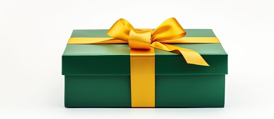 Aufkleber - Isolated on a white background there is a cardboard green gift box with a golden yellow cover providing ample copy space for an image