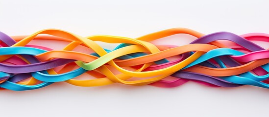 Canvas Print - Top view of a multicolored rubber band pattern on a white background with copy space image