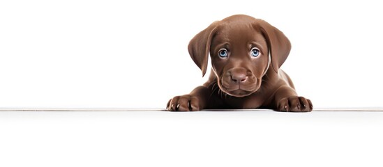 Poster - A beautiful brown Labrador puppy is portrayed in a studio with a white background The image captures the essence of motion beauty veterinary care and the presence of pets in our lives Additionally th