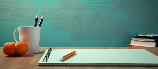 Aufkleber - A close up of a table with a notebook blank sticky notes a pencil and ample copy space for an image
