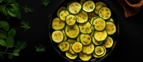Aufkleber - A copy space image of young sliced courgettes frying in a pan on a dark background with zucchini in the background seen from a top view