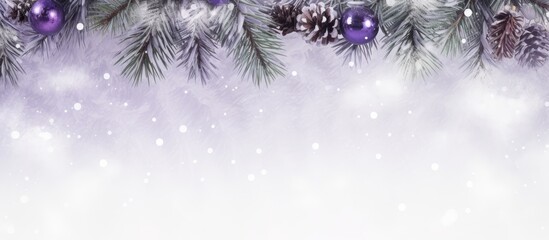 Fototapete - Festive header with a snowy frame of purple Christmas decorations and pine twigs creating a holiday background with copy space image