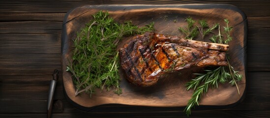 Sticker - A deliciously cooked goat leg with thyme served on a steel tray The image shows the dish placed on a wooden background seen from above. Creative banner. Copyspace image