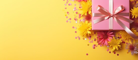 Canvas Print - Top view of a yellow background adorned with confetti and a pink gift box Space is available for text in this engaging copy space image