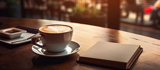 Fototapete - A desk adorned with a steaming cup of coffee an open notebook and a smartphone providing ample space for additional images