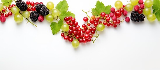 Aufkleber - A close up top view or flat lay of summer currants raspberries and gooseberries arranged in the shape of a heart on a white background The design forms a border of berries with copy space image