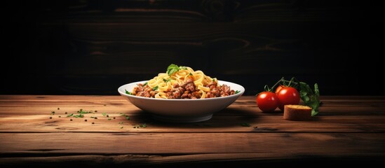 Aufkleber - A plate of pasta with meat is placed on a rustic wooden table creating a visually appealing setting There is ample copy space around the food for adding text