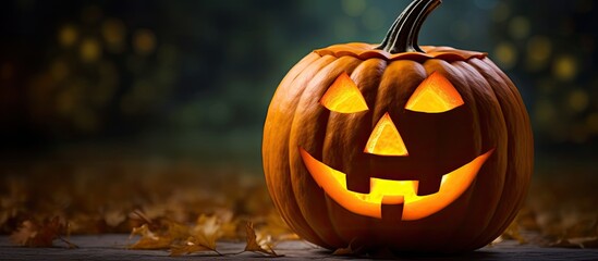 Poster - A spooky Jack o Lantern with a glowing candle adds a festive touch to Halloween decorations This scary face carved into a pumpkin brings the spooky season to life against a green background providing