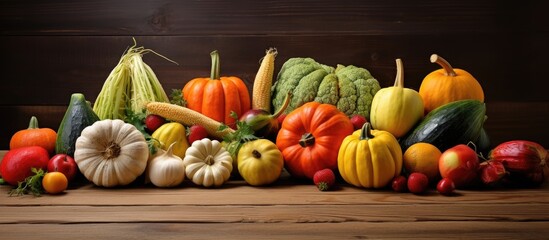 Poster - A rustic arrangement of autumn produce including apples pears pumpkins zucchini and peppers is displayed on a wooden background offering ample space for a copy image