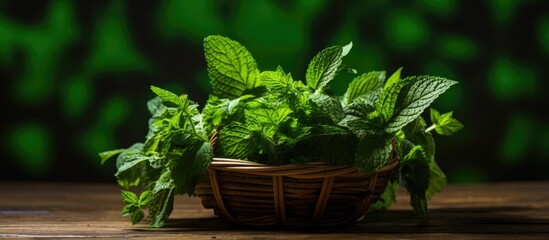 Poster - A basket on a wooden table displays fresh green wild mint leaves and branches creating a copy space image