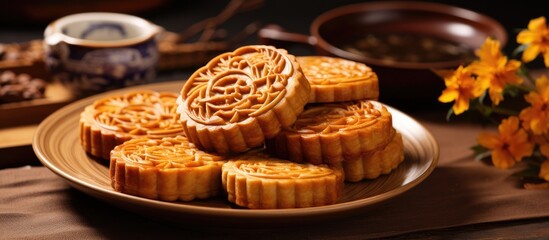 Poster - Chinese traditional pastry known as moon cake Yuebing is commonly enjoyed during the mid autumn festival Zhongqiujie which is celebrated with family gatherings and various cultural activities