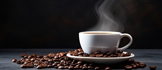 Aufkleber - A black cup of arabica coffee and freshly roasted coffee beans are displayed on a grey background providing ample copy space for any desired image