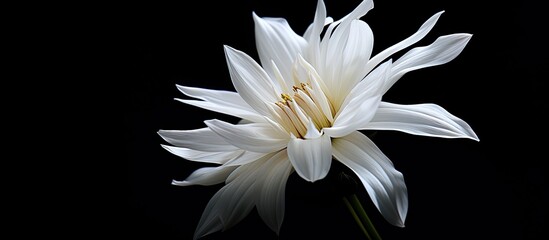 Wall Mural - Copy space image of a flower featuring a pristine white coloration set against a contrasting black background