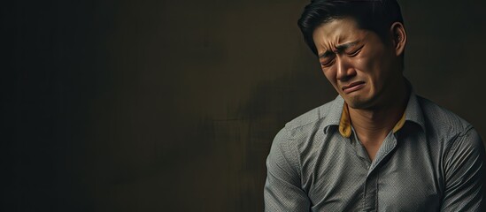 Wall Mural - An Asian man with a pained expression on his face holding his shoulder in discomfort Copy space image