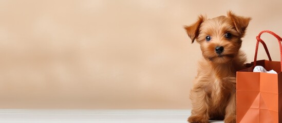 Poster - An adorable brown puppy and a shopping bag are shown in a closeup indoor studio shot This image represents the concept of caring for pets and it is perfect for congratulating family loved ones friend