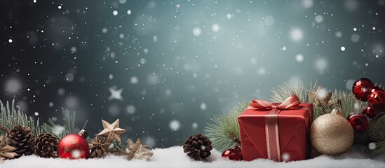 Poster - A festive holiday scene with traditional Christmas decorations gifts and festive elements The image showcases the winter season with a close up view and a flat lay arrangement providing a copy space