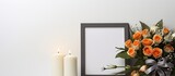 Fototapeta  - Indoors there is a photo frame adorned with a black ribbon a burning candle placed on a light grey table and a wreath of plastic flowers positioned near the wall This setup provides a suitable backgr