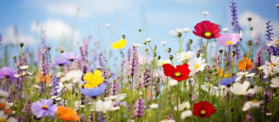 Aufkleber - A vibrant summer meadow filled with colorful flowers and fragrant herbs creating a picturesque landscape with copy space image