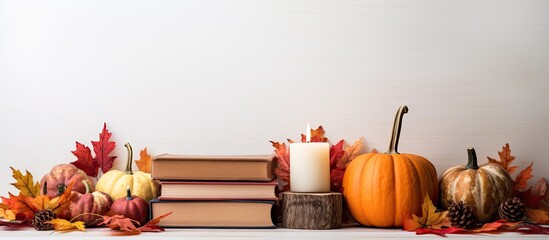 Poster - A still life arrangement on a white background with vintage books a wooden frame dry maple leaves golden gift boxes red pumpkins candles and decorations This copy space image embodies the essence of