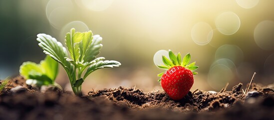 A strawberry seedling bearing a red berry rests on the ground in the garden creating a picturesque copy space image
