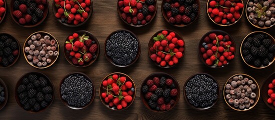Aufkleber - Berries arranged on round plates with a brown wooden backdrop The image includes copy space and is captured from a flat top view
